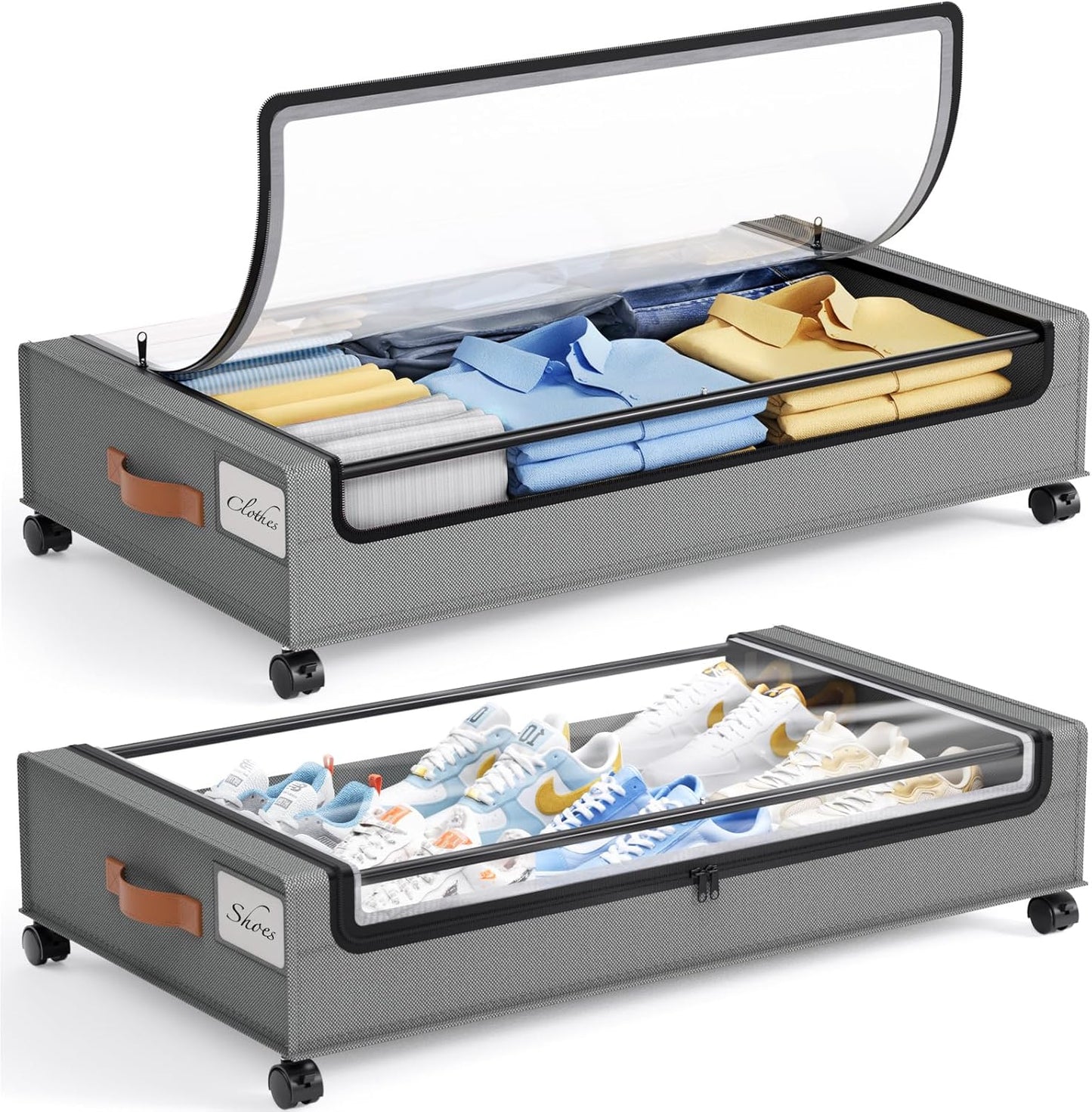 Yecaye Under Bed Storage with Wheels 2 Pack, 85L Extra Large Under Bed Storage Containers with Metal Frame & Clear Lid, Rolling Underbed Organizer Bins Drawers for Clothes, Shoes, Blankets, Hemp Grey
