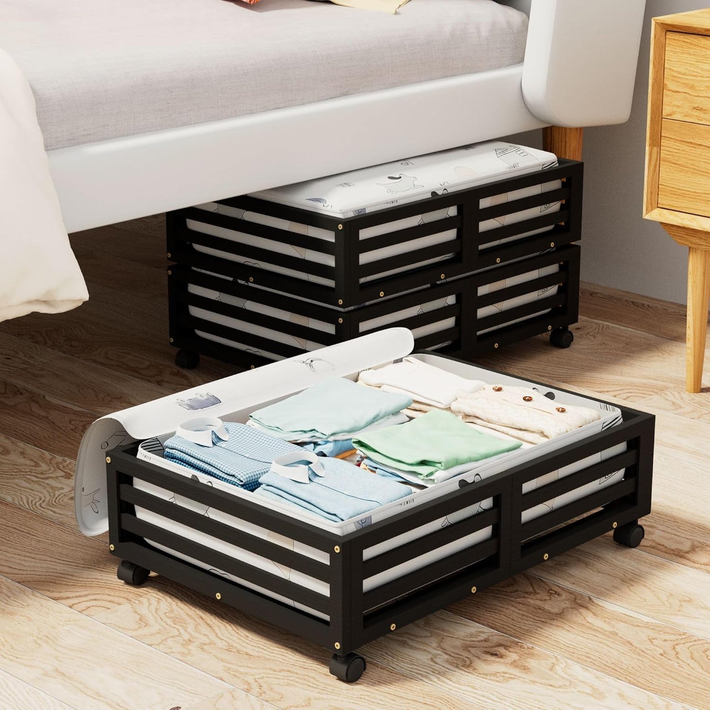 Bamboo Under Bed Storage Containers- Underbed Organizer with Wheels with Large Capacity Dust Bag,Sturdy Wood Rolling Under Bed Shoe Storage Organizer 2 Packs (Black, 2 Packs (33.07"×16.54"))