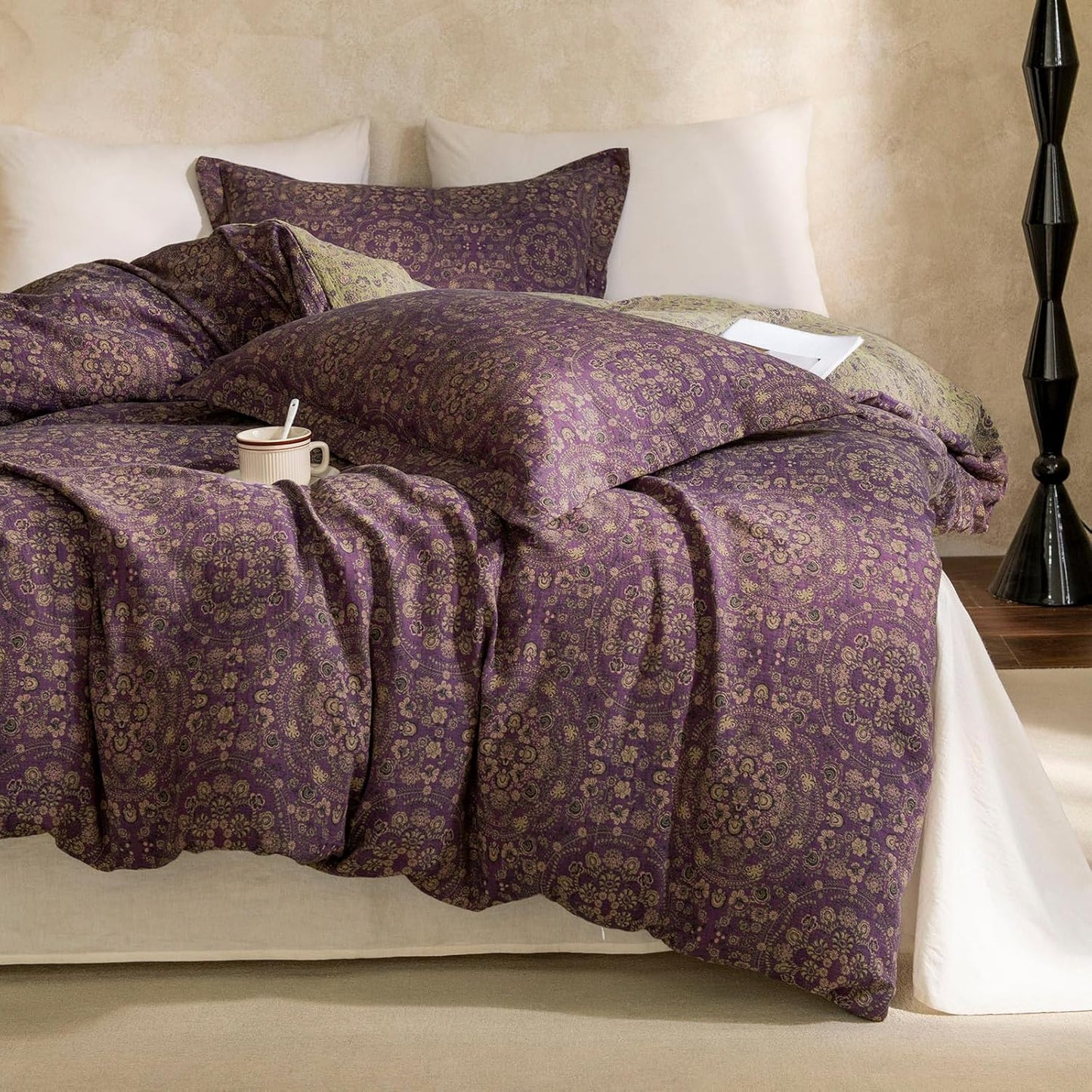 VM VOUGEMARKET Purple Green Duvet Cover Queen,3 Pieces Retro Boho Medallion Jacquard Flower Bedding Set,Linen Cotton Yarn-Dyed Textured Duvet Cover with Zipper Closure