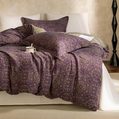 VM VOUGEMARKET Purple Green Duvet Cover Queen,3 Pieces Retro Boho Medallion Jacquard Flower Bedding Set,Linen Cotton Yarn-Dyed Textured Duvet Cover with Zipper Closure