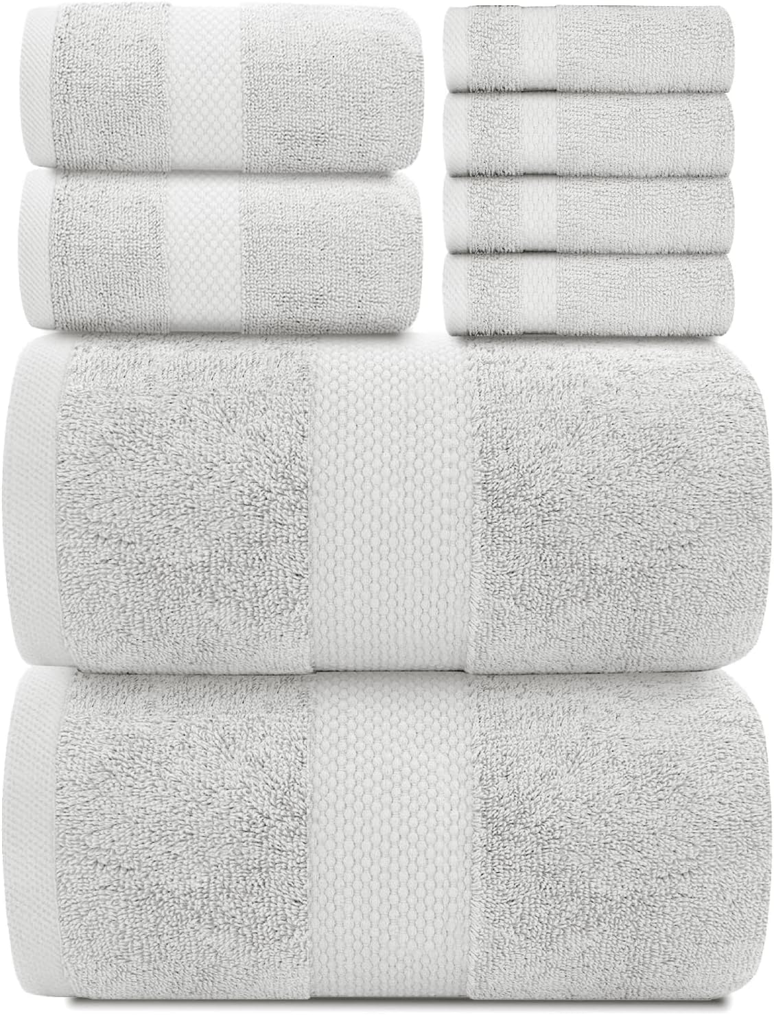 Luxury White Bath Towel Set of 8 Pieces - 100% Turkish Cotton 700 GSM Highly Absorbent Towels for Bathroom, 2 Bath Towels, 2 Hand Towels, 4 Washcloths