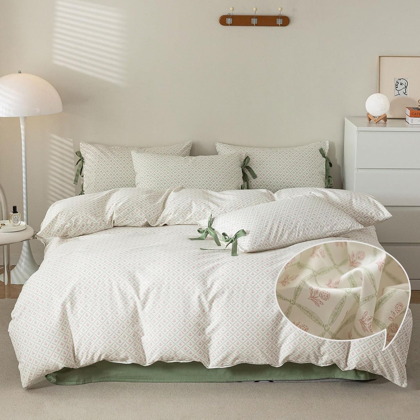 VM VOUGEMARKET Purple Green Duvet Cover Queen,3 Pieces Retro Boho Medallion Jacquard Flower Bedding Set,Linen Cotton Yarn-Dyed Textured Duvet Cover with Zipper Closure