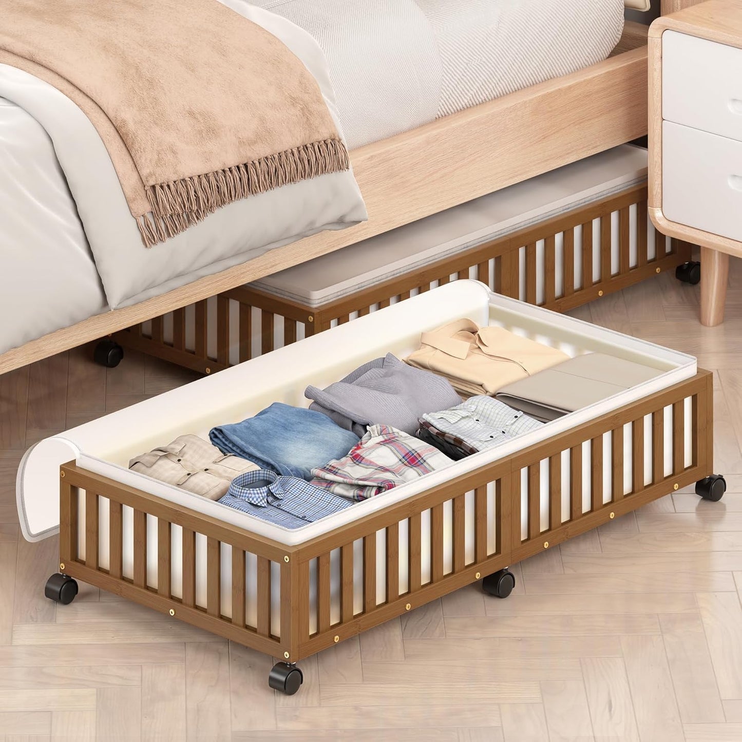 Bamboo Under Bed Storage Containers with Wheels, 2 Pack Large Under the Bed Shoe Storage Bins, Wood Rolling Underbed Drawers Organizer for Bedroom Closet Clothes Blanket Under Crib Toy White