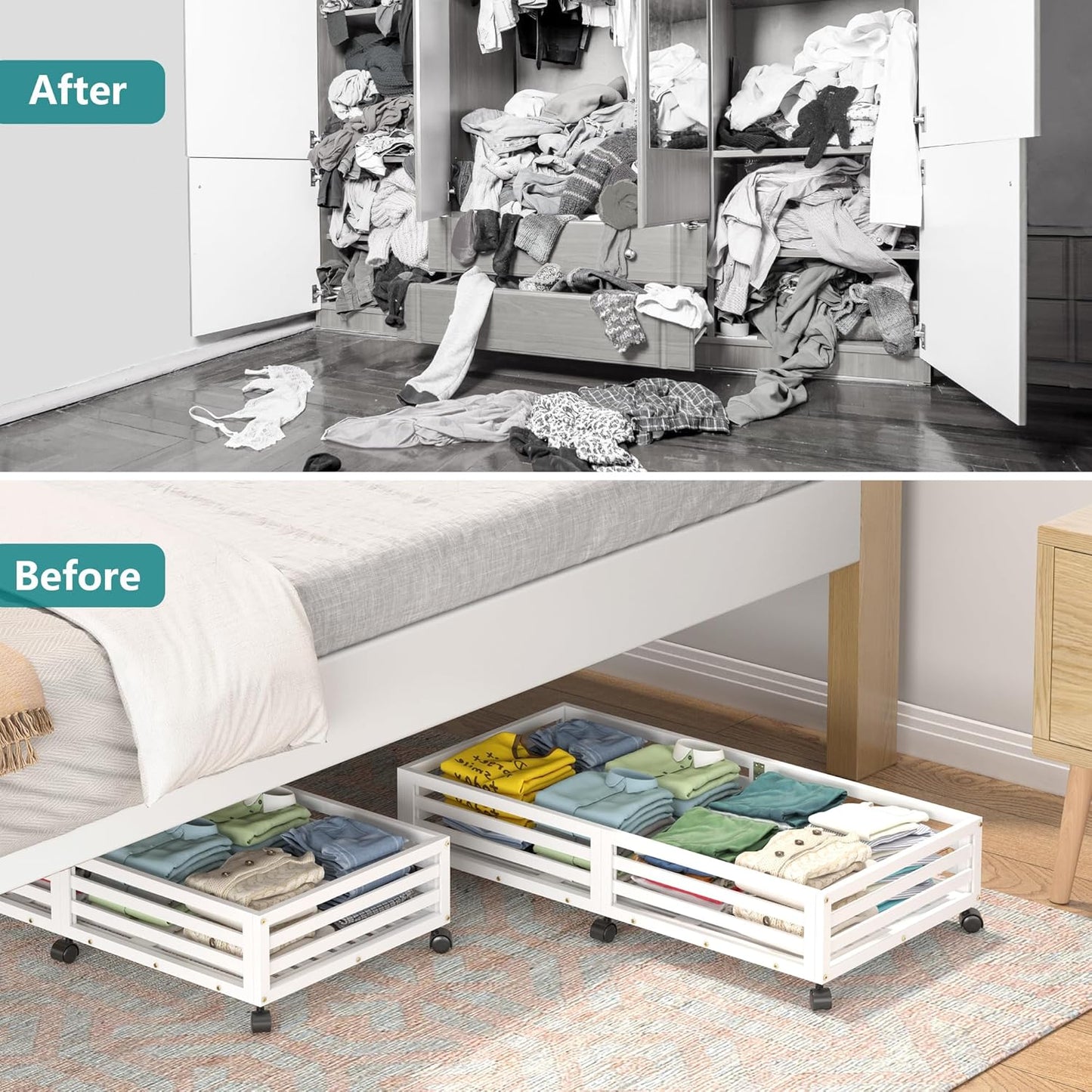 Wisuce Bamboo Under Bed Storage Containers- Underbed Organizer with Wheels with Large Dust Bag,Sturdy Wood Rolling Under the Bed Shoe Storage Organizer Drawer 2 Packs (White, Long)