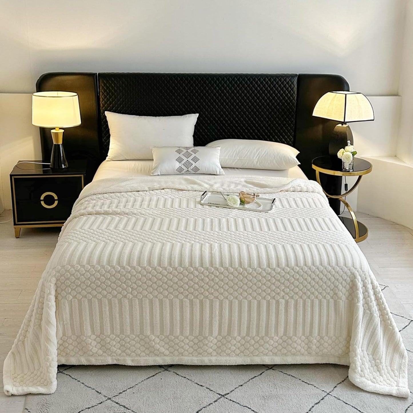 UKELER Sherpa Fleece Blanket 60 × 80 inch, Ultra Soft Twin Size Throw Blanket for All Season, Cozy Plush Floral Throw Blanket for Bed Couch Sofa Office Camping, Off-White