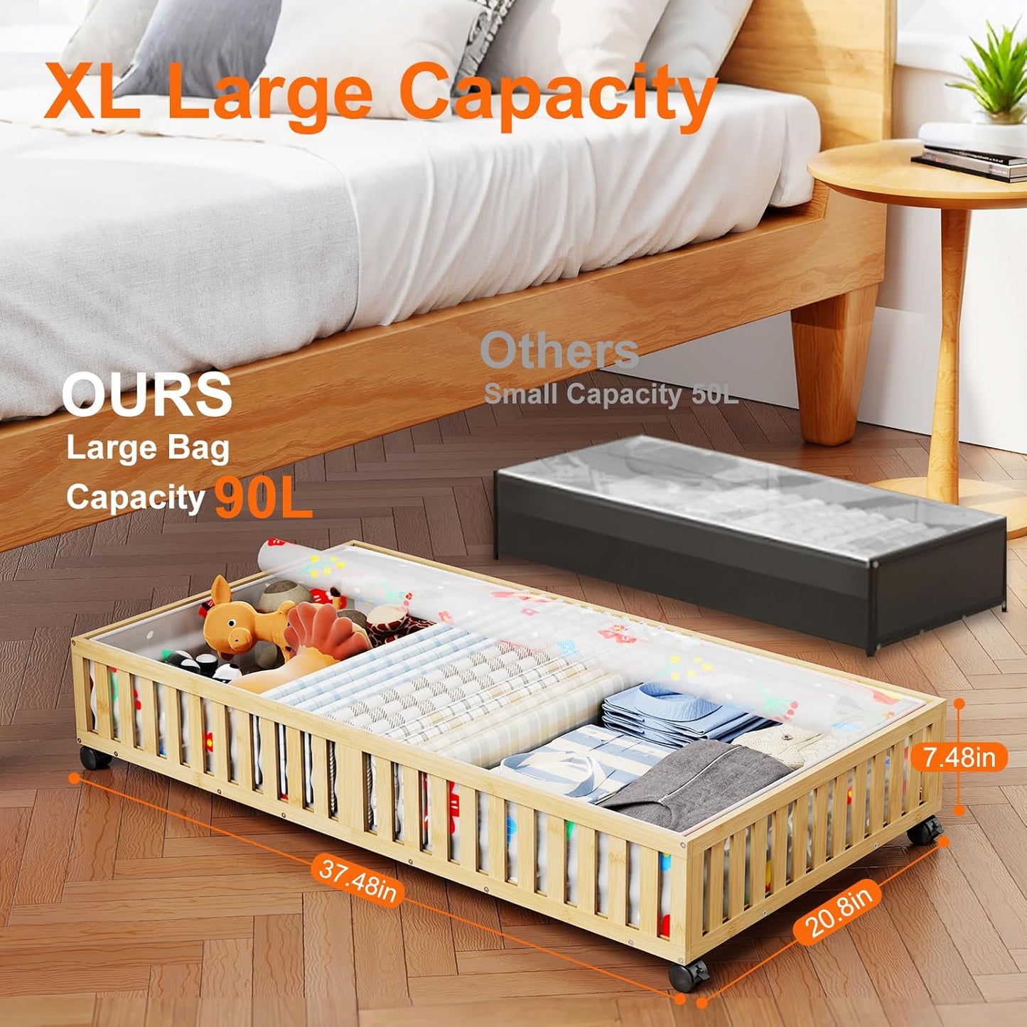 Bamboo Under Bed Storage Containers with Wheels, 40L UnderBed Drawers with Dust Bag, Breathable Under Bed Shoe Storage, Rolling UnderBed Clothes Storage, 2Pack