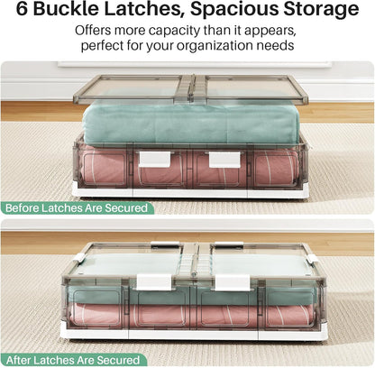 Kitstorack 2 Pack Plastic Under Bed Storage Bins with Lids and 8 Pre-installed Wheels,Rolling Low Rrofile Under bed Containers Box for Clothes Shoes, 37.8 Qt, Long, Clear, Flat, Large