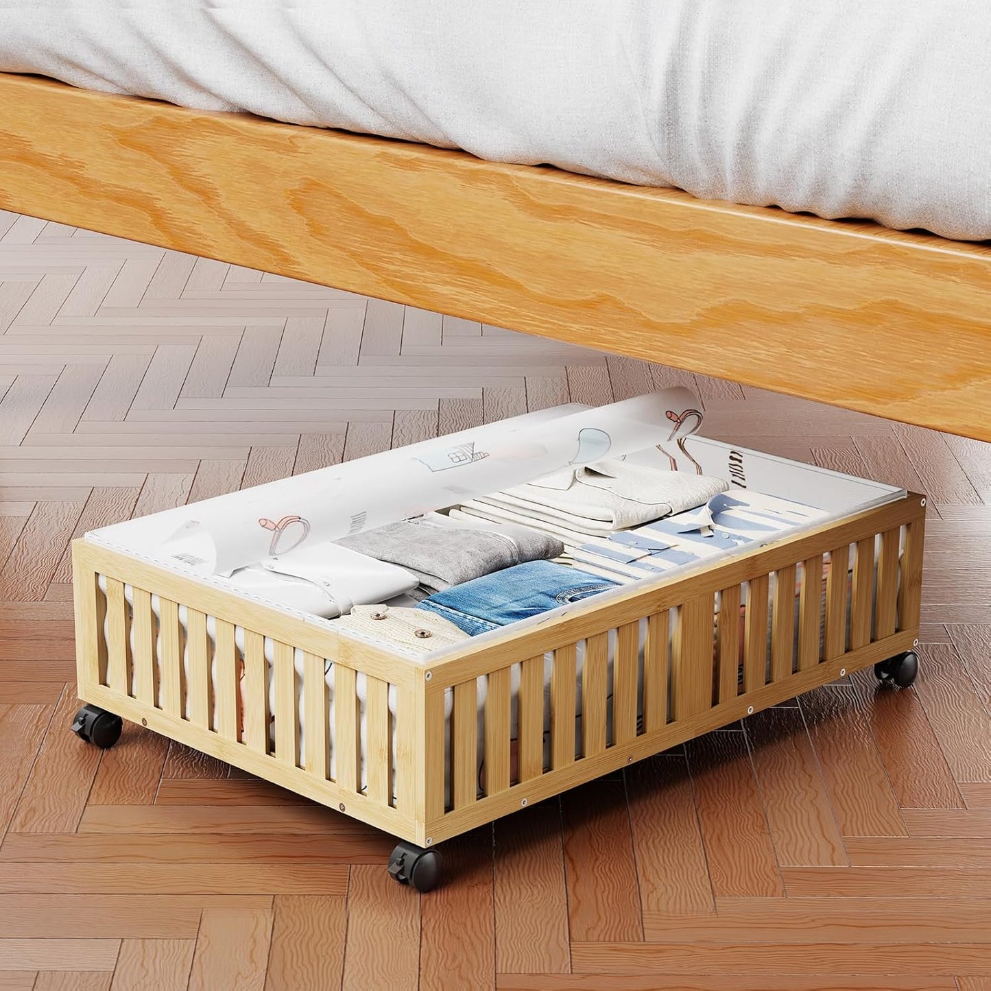 Bamboo Under Bed Storage Containers with Wheels, 40L UnderBed Drawers with Dust Bag, Breathable Under Bed Shoe Storage, Rolling UnderBed Clothes Storage, 2Pack