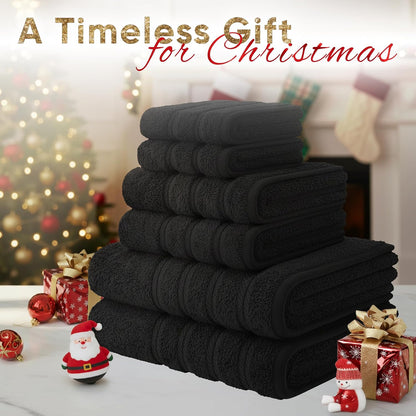 American Soft Linen Luxury 6 Piece Towel Set, 2 Bath Towels 2 Hand Towel 2 Washcloths, 600 GSM 100% Cotton Turkish Towels for Bathroom, Black Towel Sets