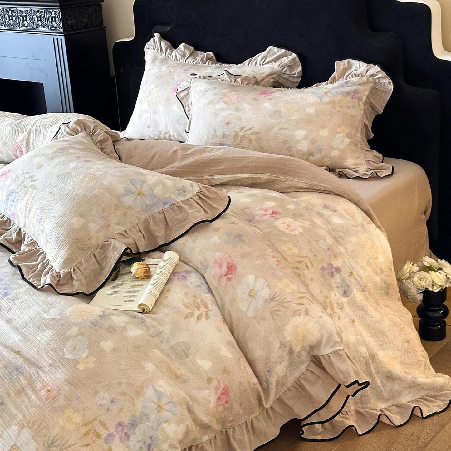 VM VOUGEMARKET Purple Green Duvet Cover Queen,3 Pieces Retro Boho Medallion Jacquard Flower Bedding Set,Linen Cotton Yarn-Dyed Textured Duvet Cover with Zipper Closure