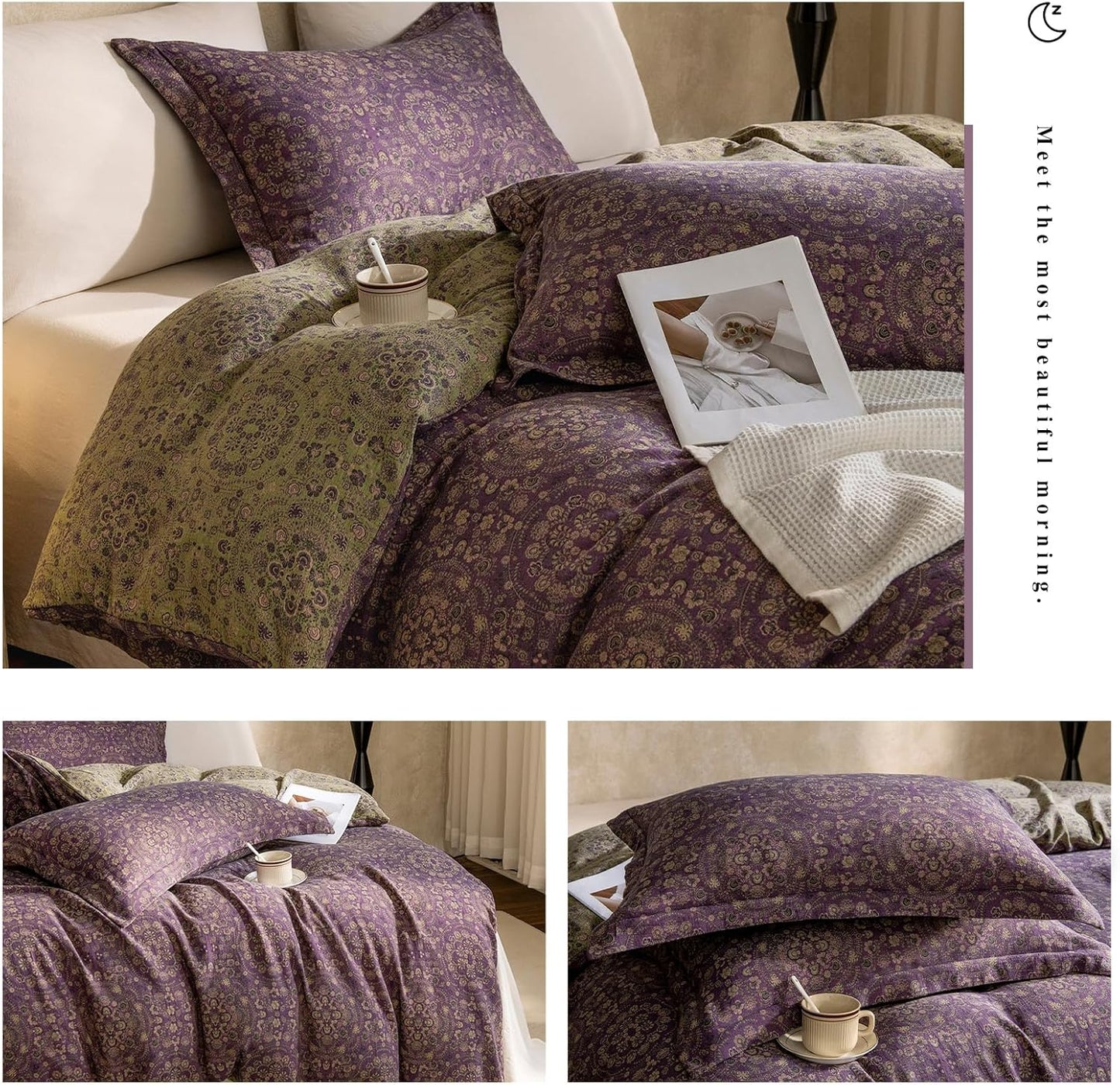 VM VOUGEMARKET Purple Green Duvet Cover Queen,3 Pieces Retro Boho Medallion Jacquard Flower Bedding Set,Linen Cotton Yarn-Dyed Textured Duvet Cover with Zipper Closure