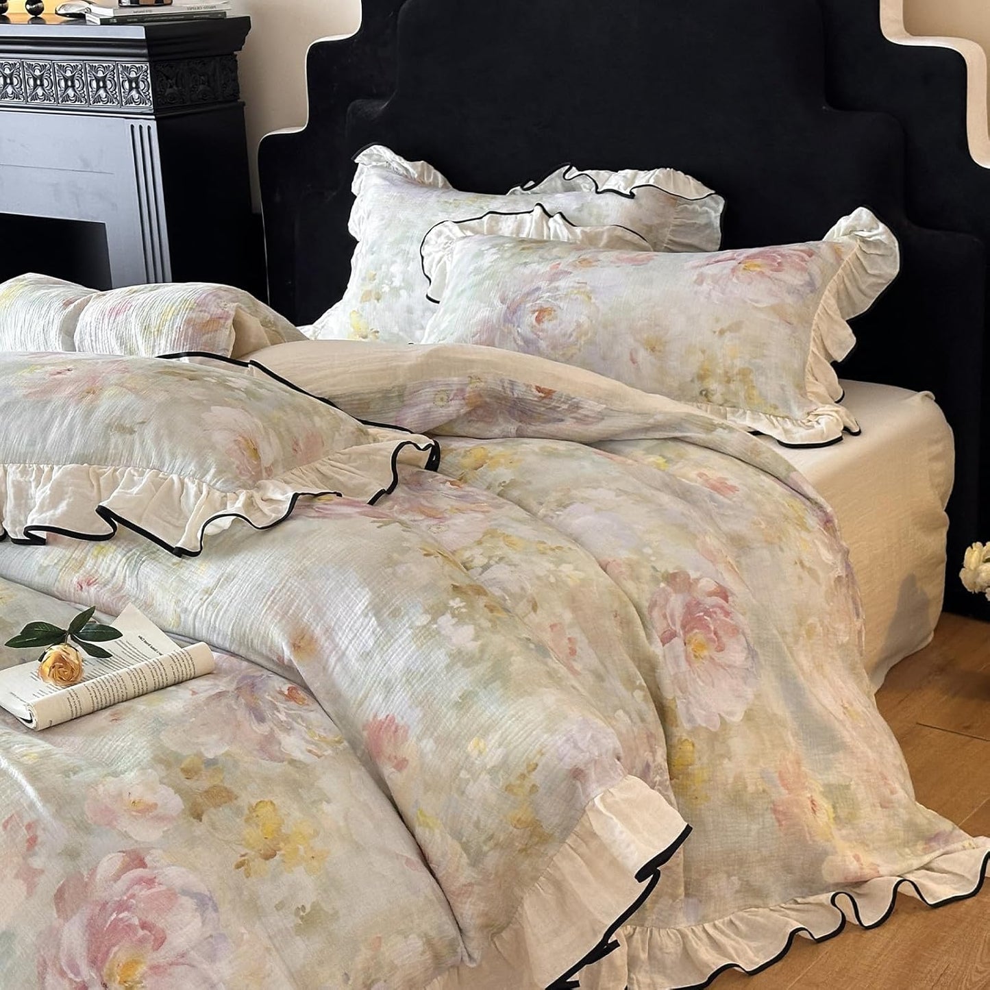 VM VOUGEMARKET Purple Green Duvet Cover Queen,3 Pieces Retro Boho Medallion Jacquard Flower Bedding Set,Linen Cotton Yarn-Dyed Textured Duvet Cover with Zipper Closure