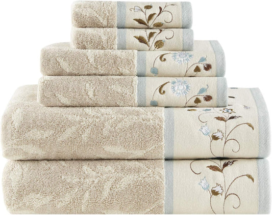 Madison Park Serene 100% Cotton Bath Towel Set Luxurious Floral Decorative Towels for Bathroom Embroidered Cotton Jacquard Design Soft Highly Absorbent for Shower 600 GSM, Multi-Sizes, Blue 6 Piece