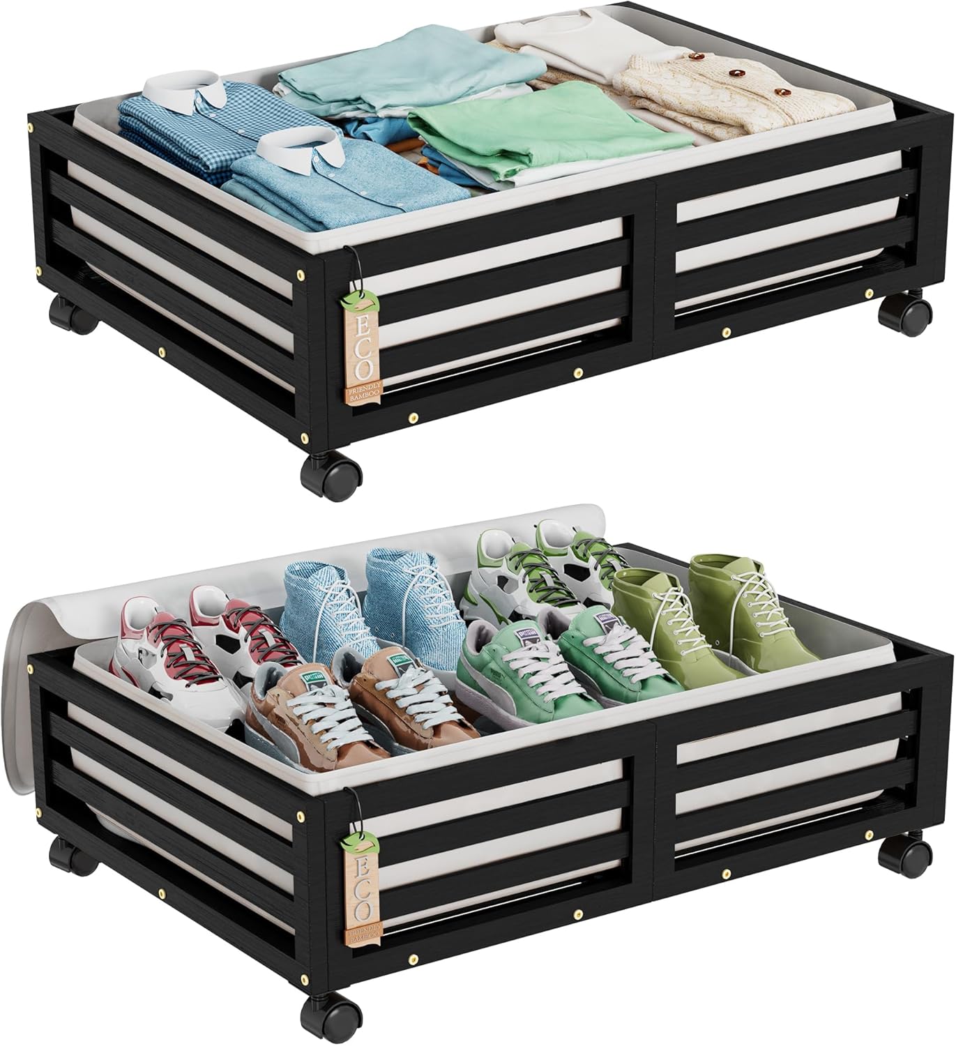 Wisuce Bamboo Under Bed Storage Containers- Underbed Organizer with Wheels with Large Dust Bag,Sturdy Wood Rolling Under the Bed Shoe Storage Organizer Drawer 2 Packs (White, Long)