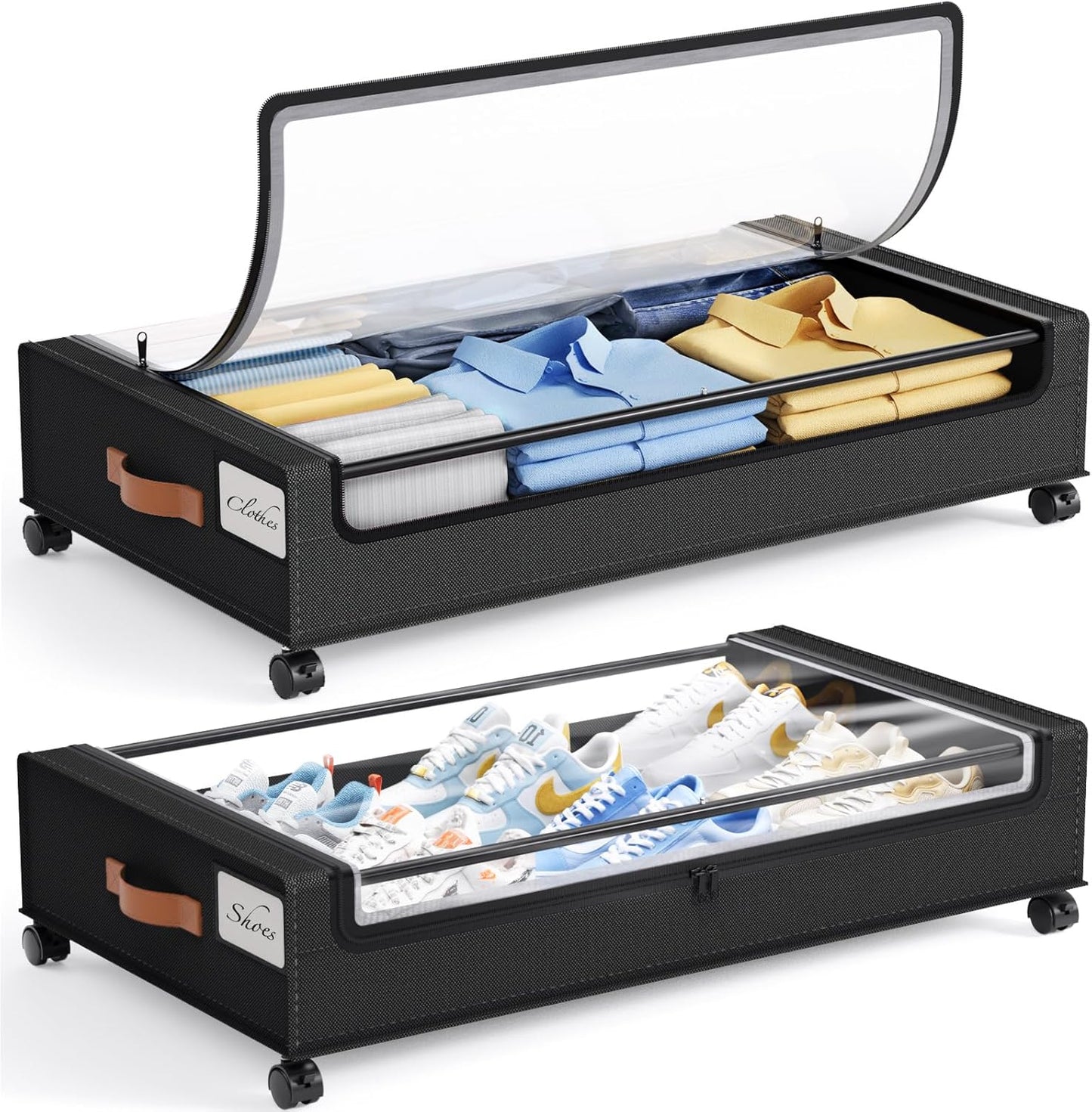 Yecaye Under Bed Storage with Wheels 2 Pack, 85L Extra Large Under Bed Storage Containers with Metal Frame & Clear Lid, Rolling Underbed Organizer Bins Drawers for Clothes, Shoes, Blankets, Hemp Grey