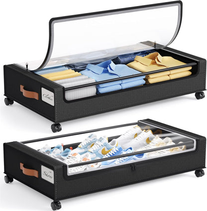 Yecaye Under Bed Storage with Wheels 2 Pack, 85L Extra Large Under Bed Storage Containers with Metal Frame & Clear Lid, Rolling Underbed Organizer Bins Drawers for Clothes, Shoes, Blankets, Hemp Grey