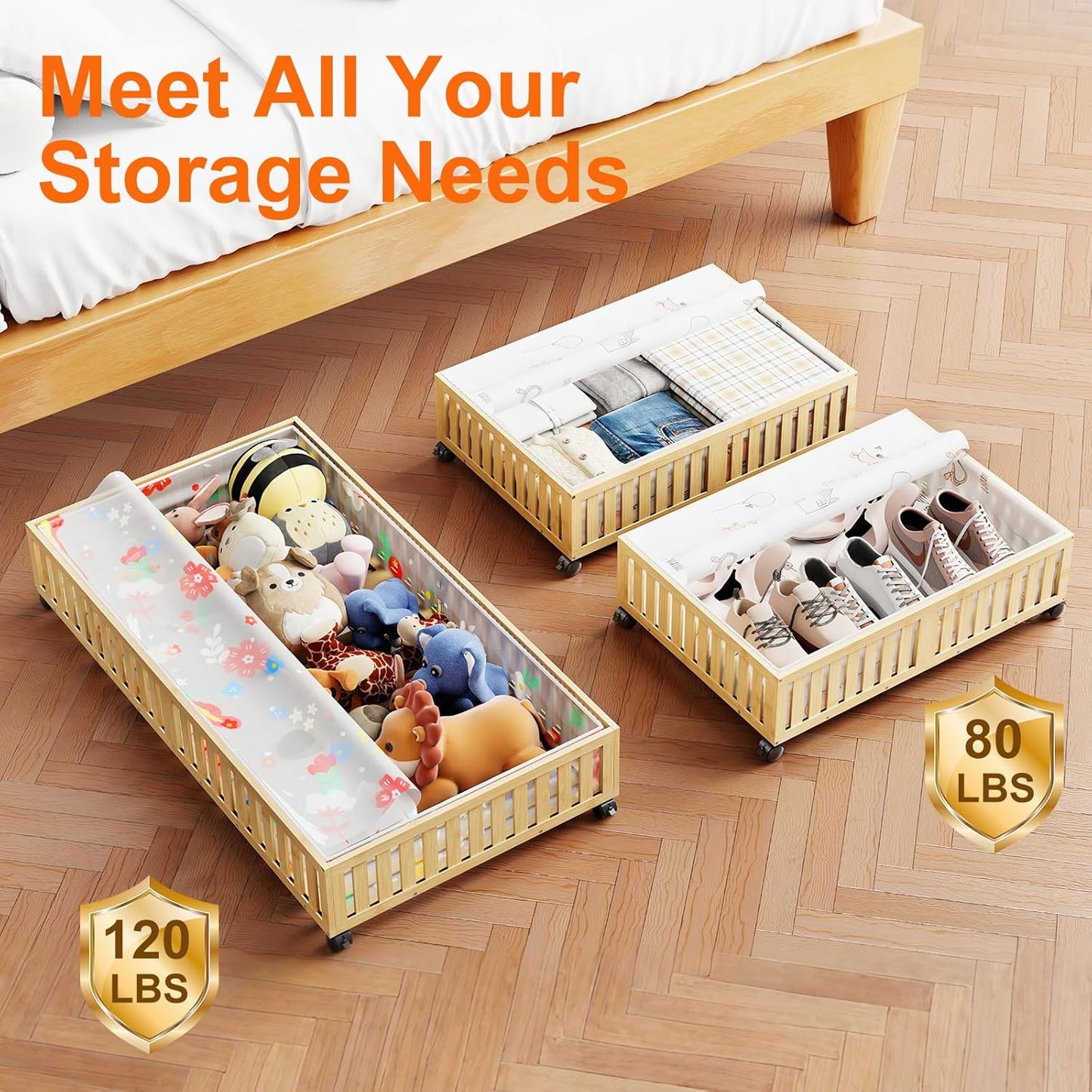 Bamboo Under Bed Storage Containers with Wheels, 40L UnderBed Drawers with Dust Bag, Breathable Under Bed Shoe Storage, Rolling UnderBed Clothes Storage, 2Pack