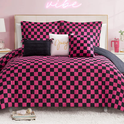 Juicy Couture Cabana Stripe Reversible Bedding Set - Queen/Full Size - Black and Hot Pink Stripe Print – 6 Piece Set – Includes 1 90" x 90" Comforter, 3 Decorative Pillows, 2 Shams