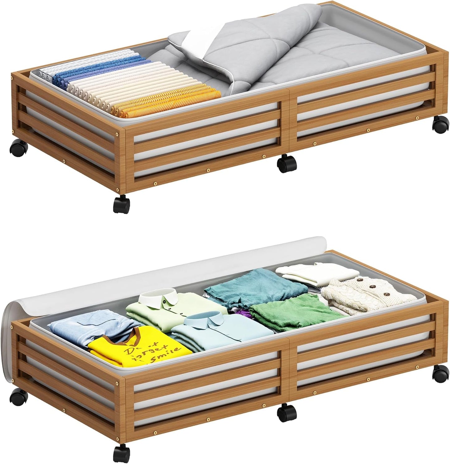 Wisuce Bamboo Under Bed Storage Containers- Underbed Organizer with Wheels with Large Dust Bag,Sturdy Wood Rolling Under the Bed Shoe Storage Organizer Drawer 2 Packs (White, Long)