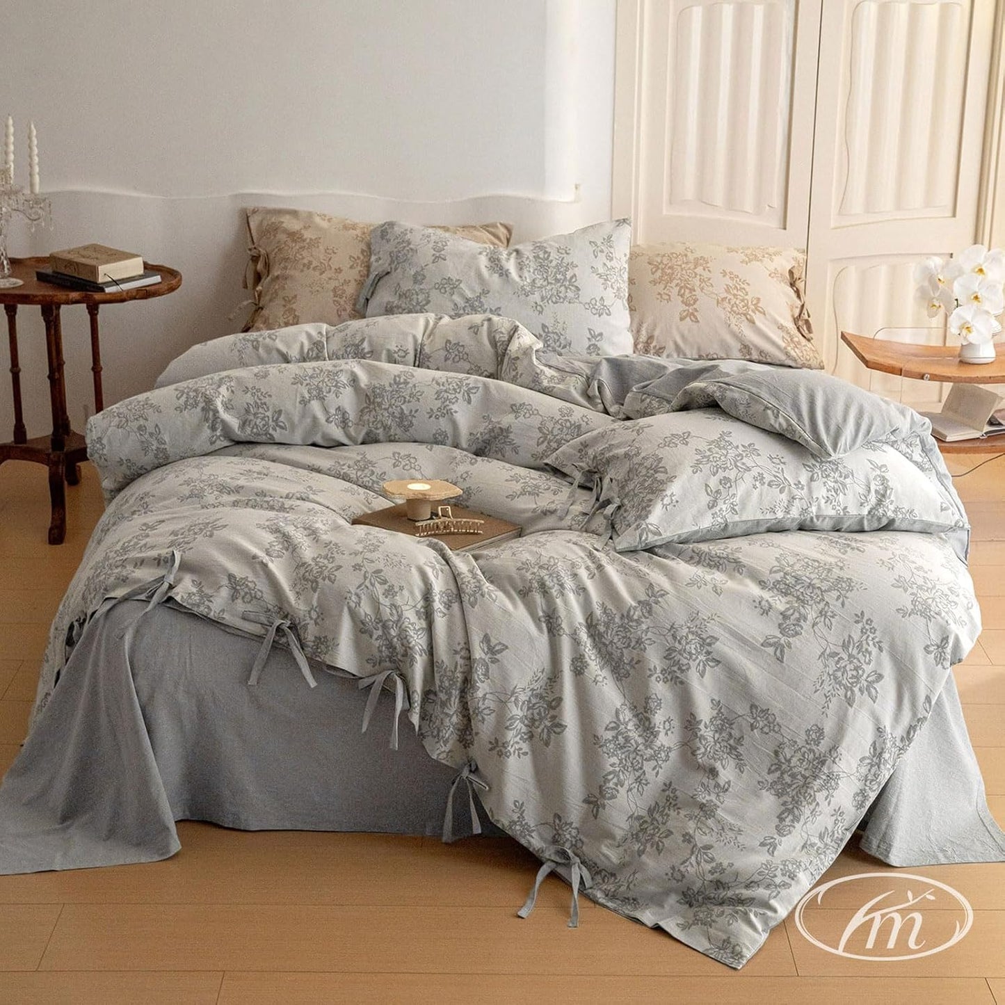 VM VOUGEMARKET Purple Green Duvet Cover Queen,3 Pieces Retro Boho Medallion Jacquard Flower Bedding Set,Linen Cotton Yarn-Dyed Textured Duvet Cover with Zipper Closure