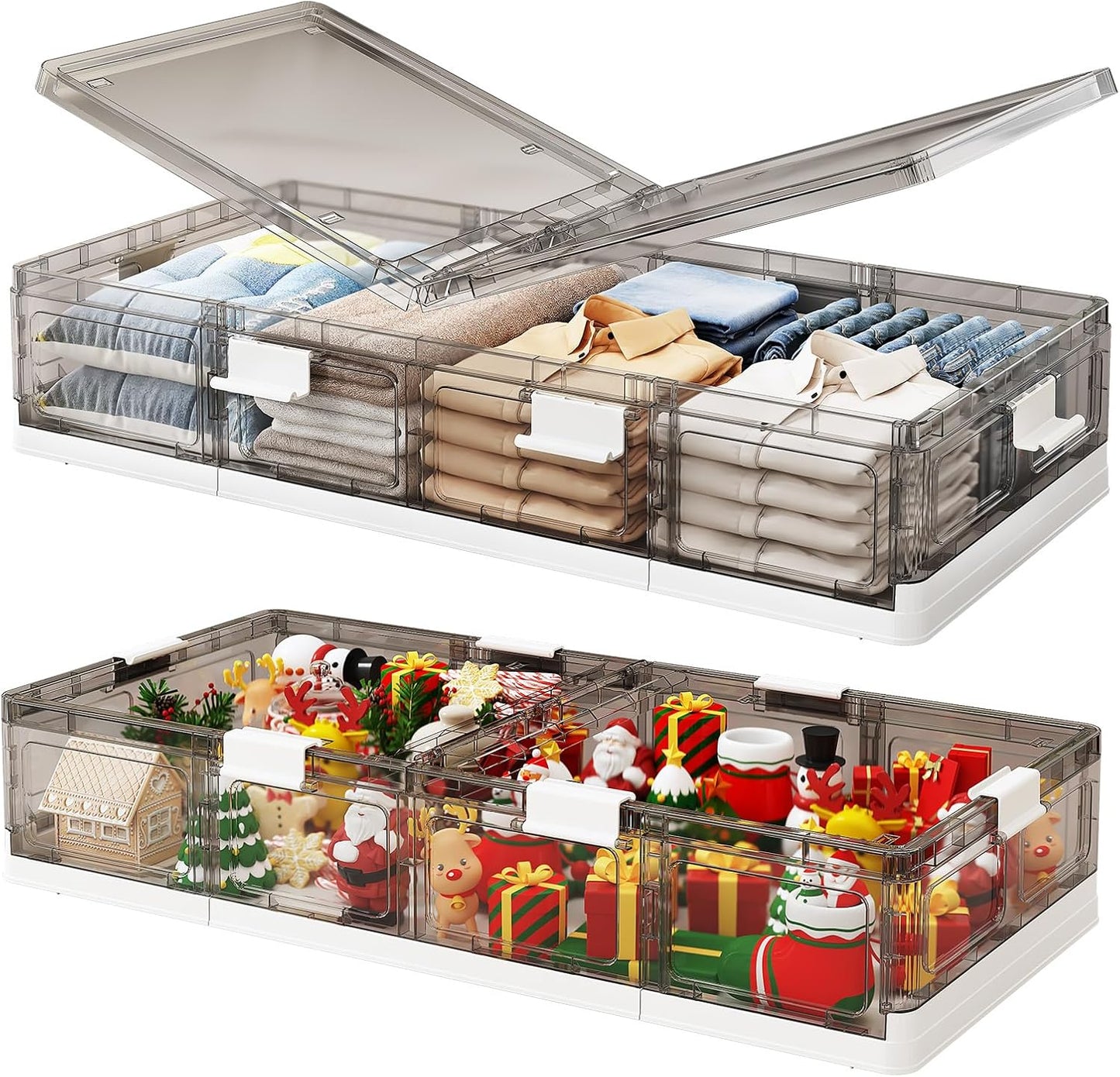 Kitstorack 2 Pack Plastic Under Bed Storage Bins with Lids and 8 Pre-installed Wheels,Rolling Low Rrofile Under bed Containers Box for Clothes Shoes, 37.8 Qt, Long, Clear, Flat, Large