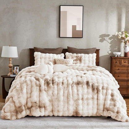 Wonderful 3 Pieces Fluffy Faux Rabbit Fur Bubble Comforter Set King Size, Tie-Dyeing Beige Plush Fuzzy Bedding Set, Warm Soft Bubble Comforter Bedding Set for Winter