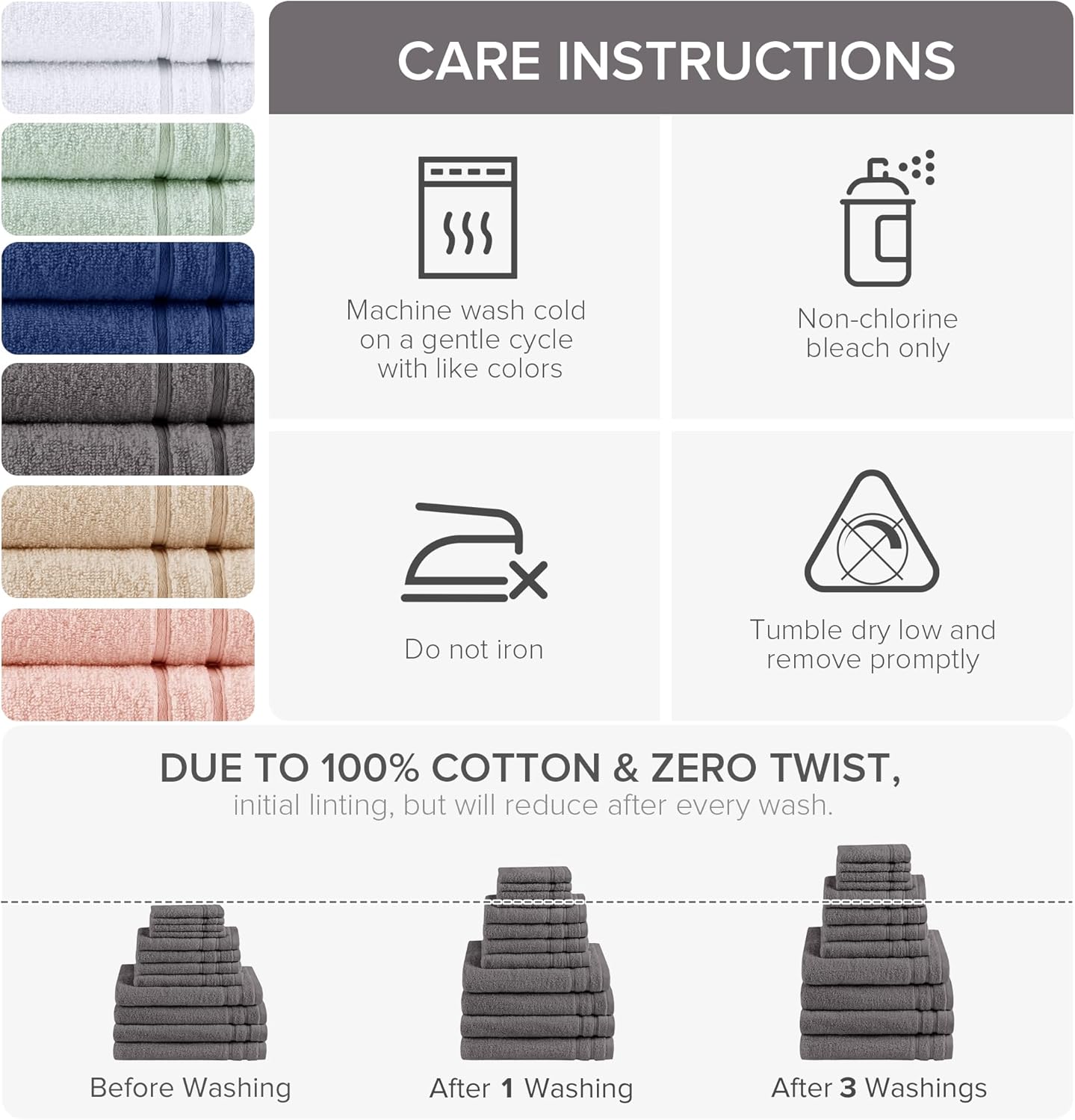 Comfort Spaces Luxury Bath Towel Set - 12 piece Set, Quick Dry, 4 Hand Towels, 4 Washcloths, 4 Large Bath Towels, 100% Cotton, Zero Twist, Soft, Lightweight, Dark Grey