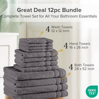 Comfort Spaces Luxury Bath Towel Set - 12 piece Set, Quick Dry, 4 Hand Towels, 4 Washcloths, 4 Large Bath Towels, 100% Cotton, Zero Twist, Soft, Lightweight, Dark Grey