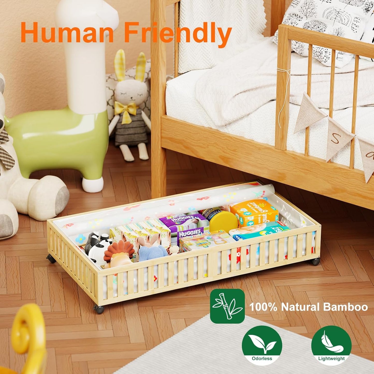 Bamboo Under Bed Storage Containers with Wheels, 40L UnderBed Drawers with Dust Bag, Breathable Under Bed Shoe Storage, Rolling UnderBed Clothes Storage, 2Pack