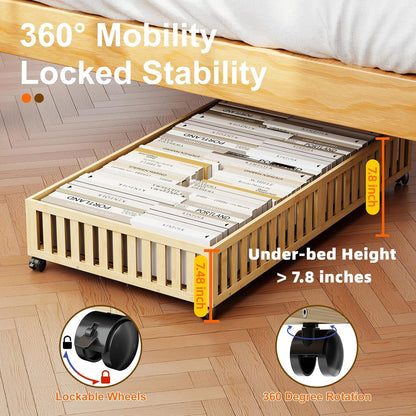 Bamboo Under Bed Storage Containers with Wheels, 40L UnderBed Drawers with Dust Bag, Breathable Under Bed Shoe Storage, Rolling UnderBed Clothes Storage, 2Pack