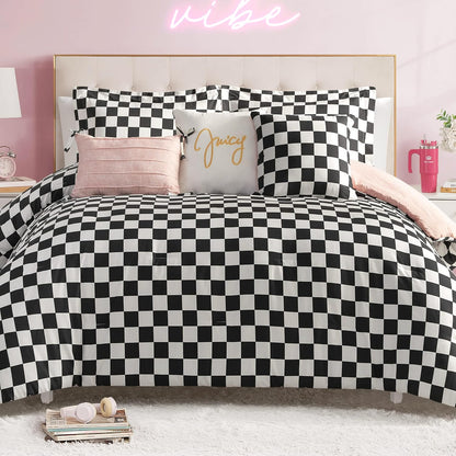 Juicy Couture Cabana Stripe Reversible Bedding Set - Queen/Full Size - Black and Hot Pink Stripe Print – 6 Piece Set – Includes 1 90" x 90" Comforter, 3 Decorative Pillows, 2 Shams