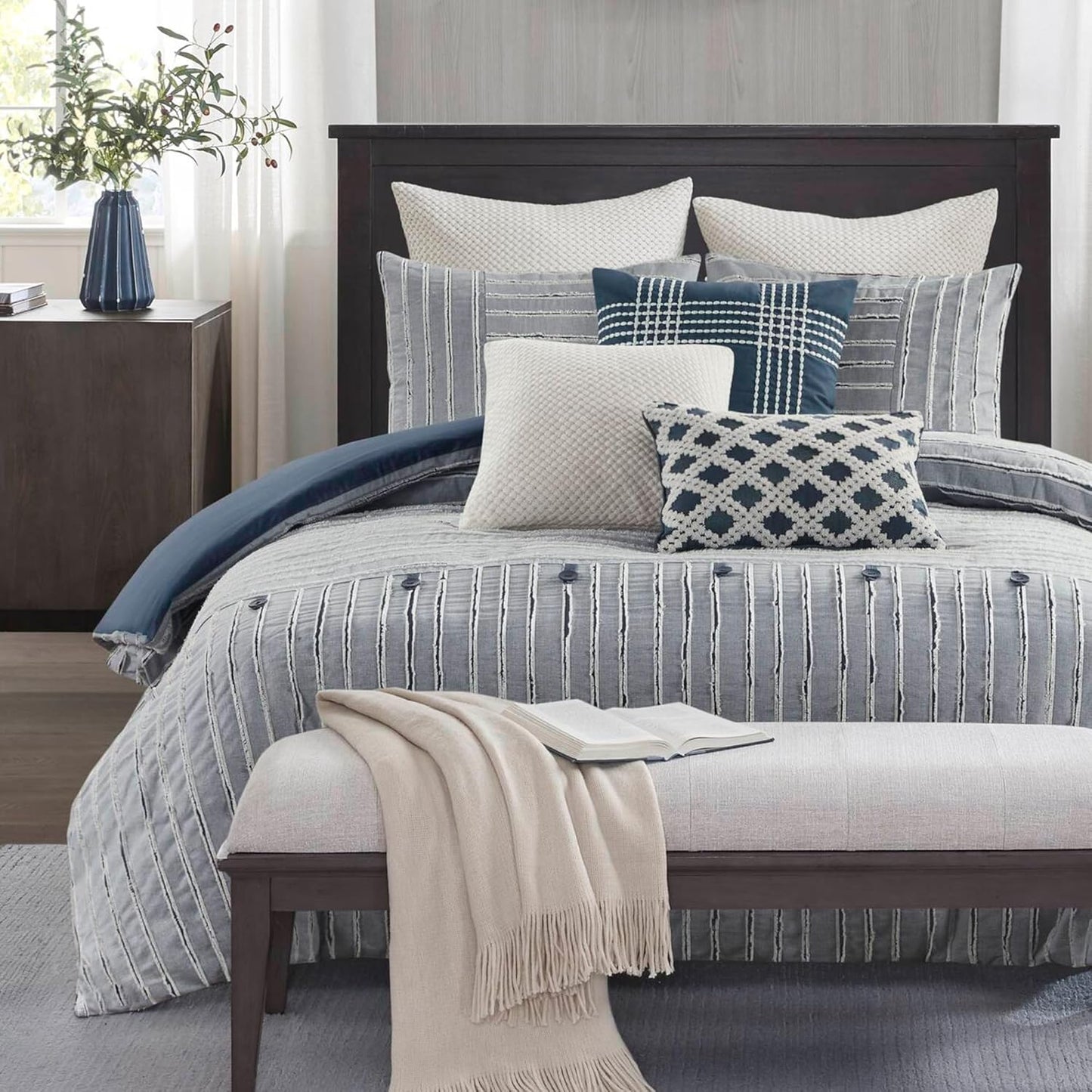 Madison Park King Comforter Set Clipped Jacquard Stripes with Buttons Boho Comforter for a King-Size Bed, Cotton Oversized Comforters with Removable Cover Boho Bedding, King Ivory 9 Piece