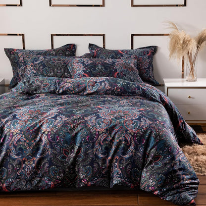 VM VOUGEMARKET Purple Green Duvet Cover Queen,3 Pieces Retro Boho Medallion Jacquard Flower Bedding Set,Linen Cotton Yarn-Dyed Textured Duvet Cover with Zipper Closure