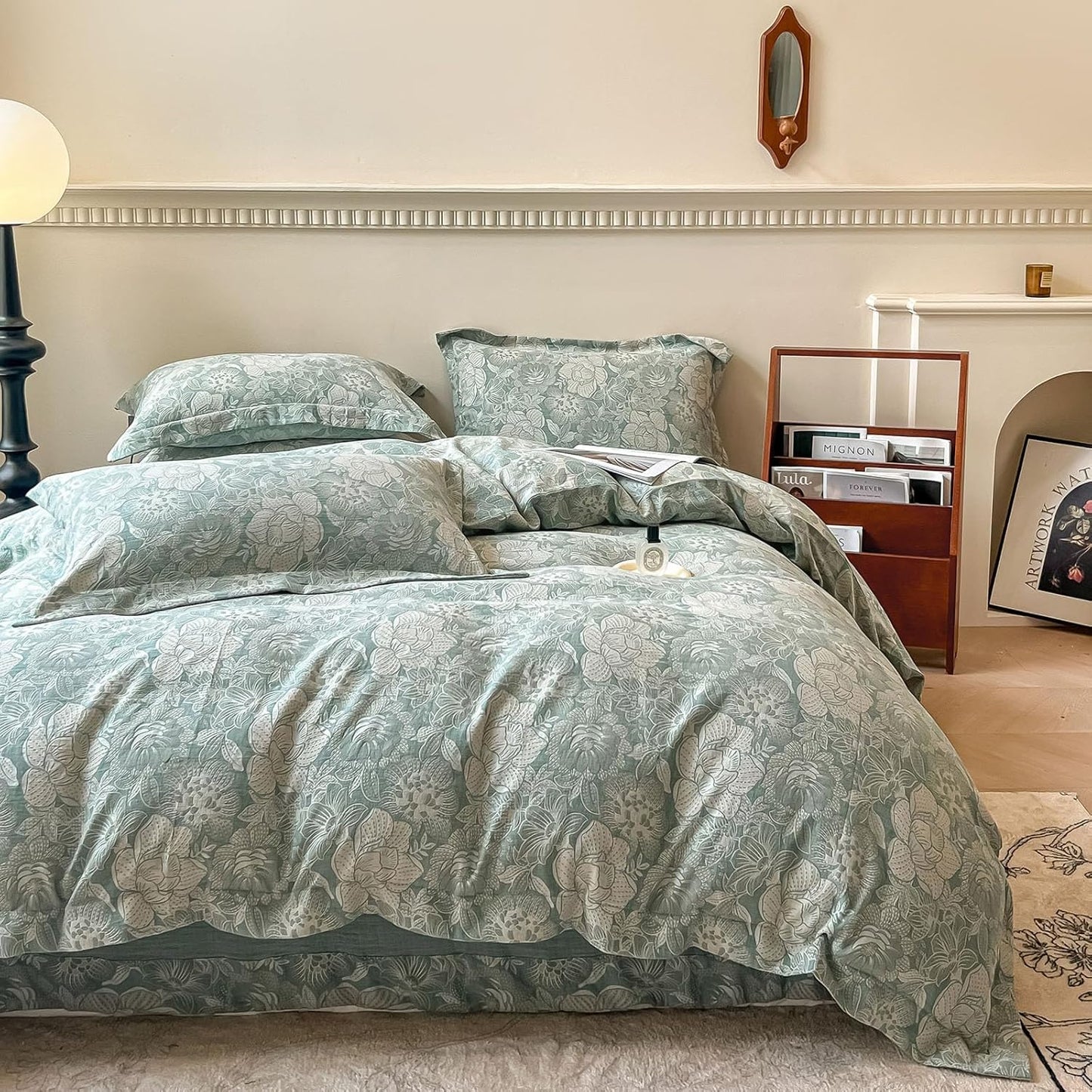 VM VOUGEMARKET Purple Green Duvet Cover Queen,3 Pieces Retro Boho Medallion Jacquard Flower Bedding Set,Linen Cotton Yarn-Dyed Textured Duvet Cover with Zipper Closure