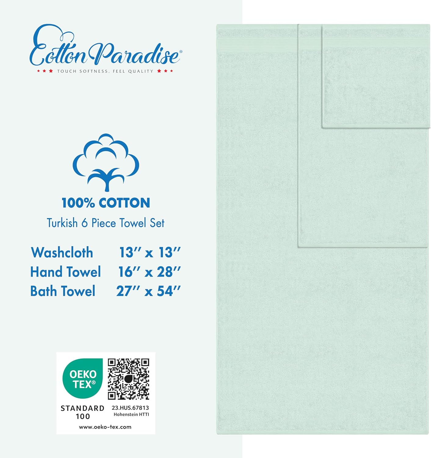 Cotton Paradise 6 Piece Towel Set, 100% Cotton Soft Absorbent Turkish Towels for Bathroom, 2 Bath Towels 2 Hand Towels 2 Washcloths, Mint Towel Set