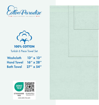 Cotton Paradise 6 Piece Towel Set, 100% Cotton Soft Absorbent Turkish Towels for Bathroom, 2 Bath Towels 2 Hand Towels 2 Washcloths, Mint Towel Set