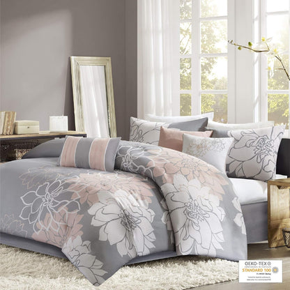 Madison Park Sateen Cotton Comforter Set, Breathable, Soft Cover, Modern Print, All Season Down Alternative Cozy Bedding with Matching Shams, Floral Taupe Grey/Peach, Queen 7 Piece