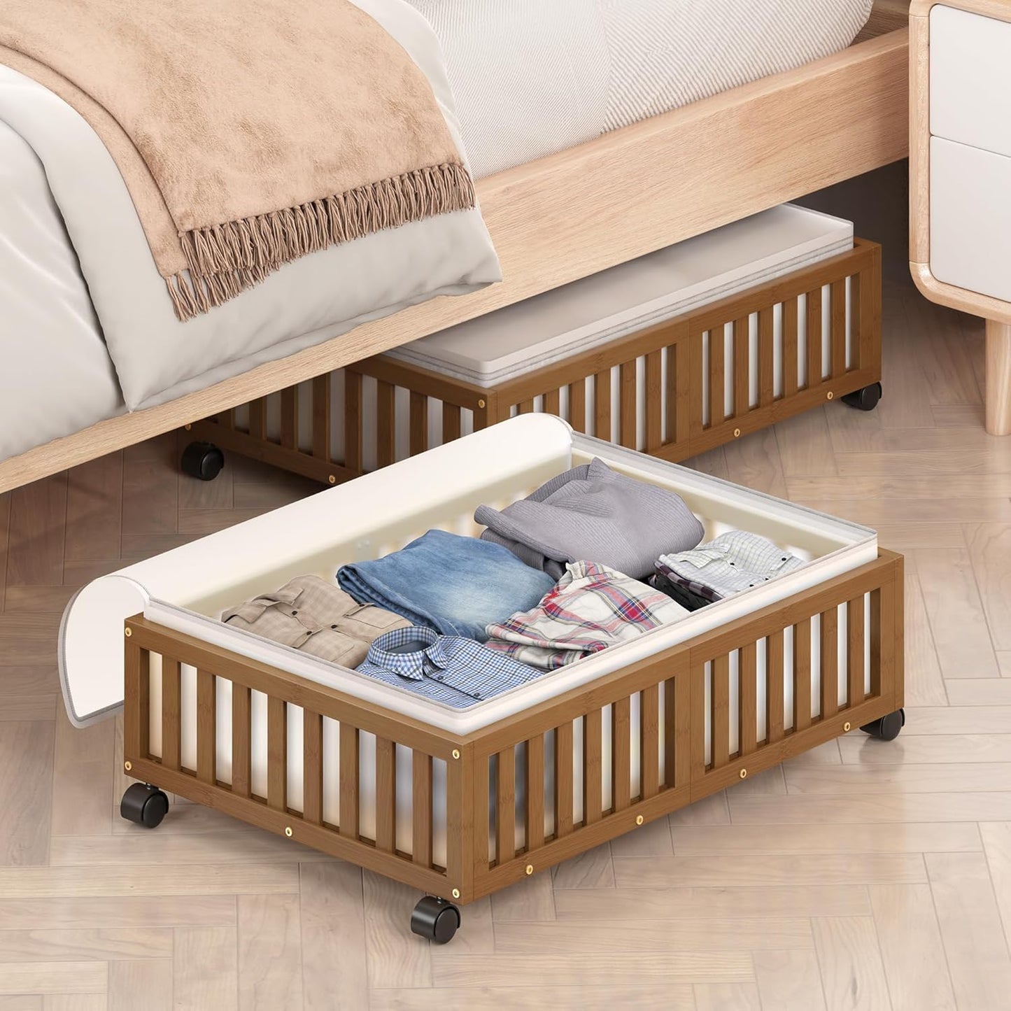 Bamboo Under Bed Storage Containers with Wheels, 2 Pack Large Under the Bed Shoe Storage Bins, Wood Rolling Underbed Drawers Organizer for Bedroom Closet Clothes Blanket Under Crib Toy White