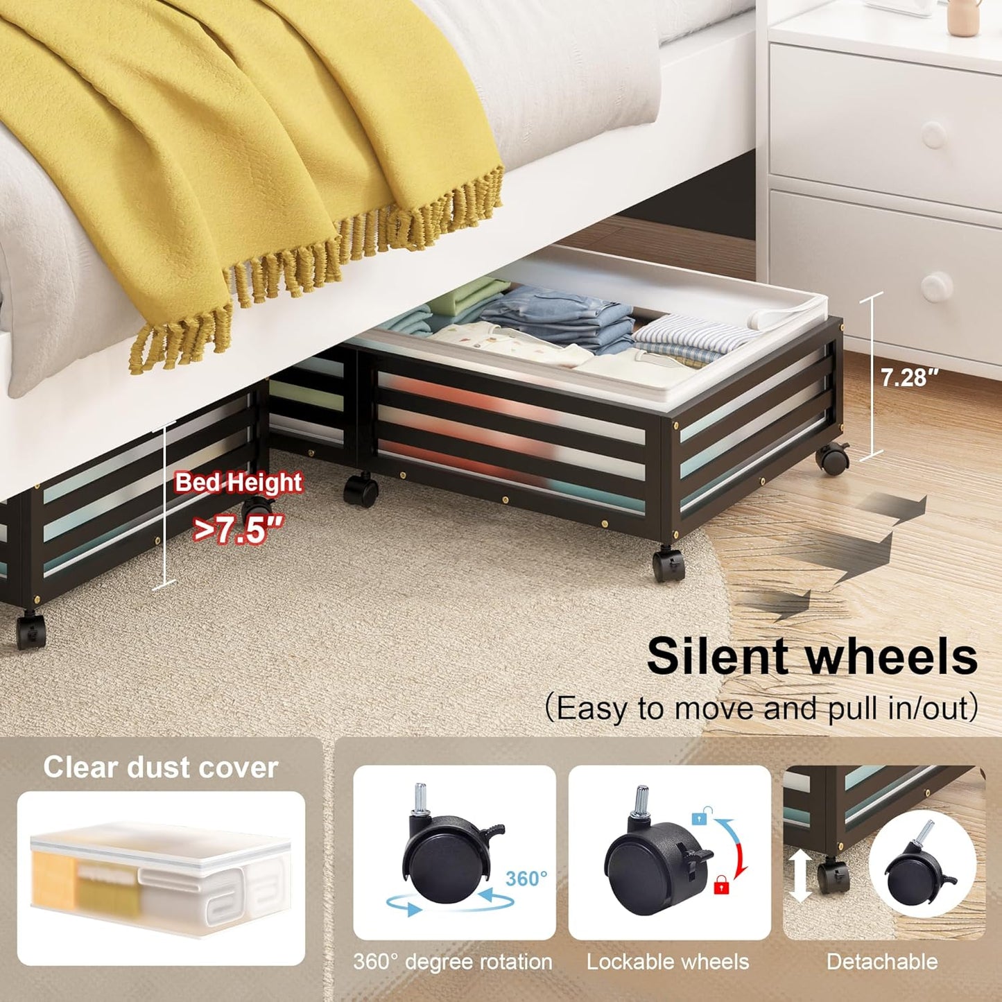 Under Bed Storage with Wheels-Large Bamboo Underbed storage Containers with Large Dust Bag Stackable Under the Bed Shoe Storage Bins for Clothes Books Bedding (2 Packs Black, 33.07"L×16.54"W× 6.5"H)