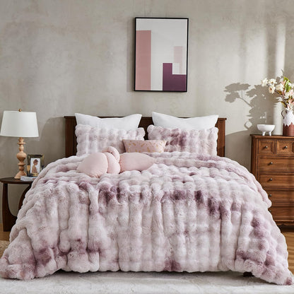 Wonderful 3 Pieces Fluffy Faux Rabbit Fur Bubble Comforter Set King Size, Tie-Dyeing Beige Plush Fuzzy Bedding Set, Warm Soft Bubble Comforter Bedding Set for Winter