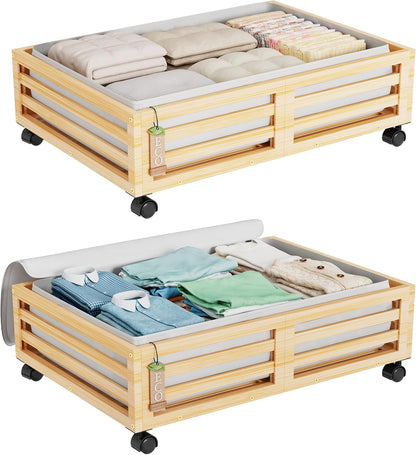 Wisuce Bamboo Under Bed Storage Containers- Underbed Organizer with Wheels with Large Dust Bag,Sturdy Wood Rolling Under the Bed Shoe Storage Organizer Drawer 2 Packs (White, Long)