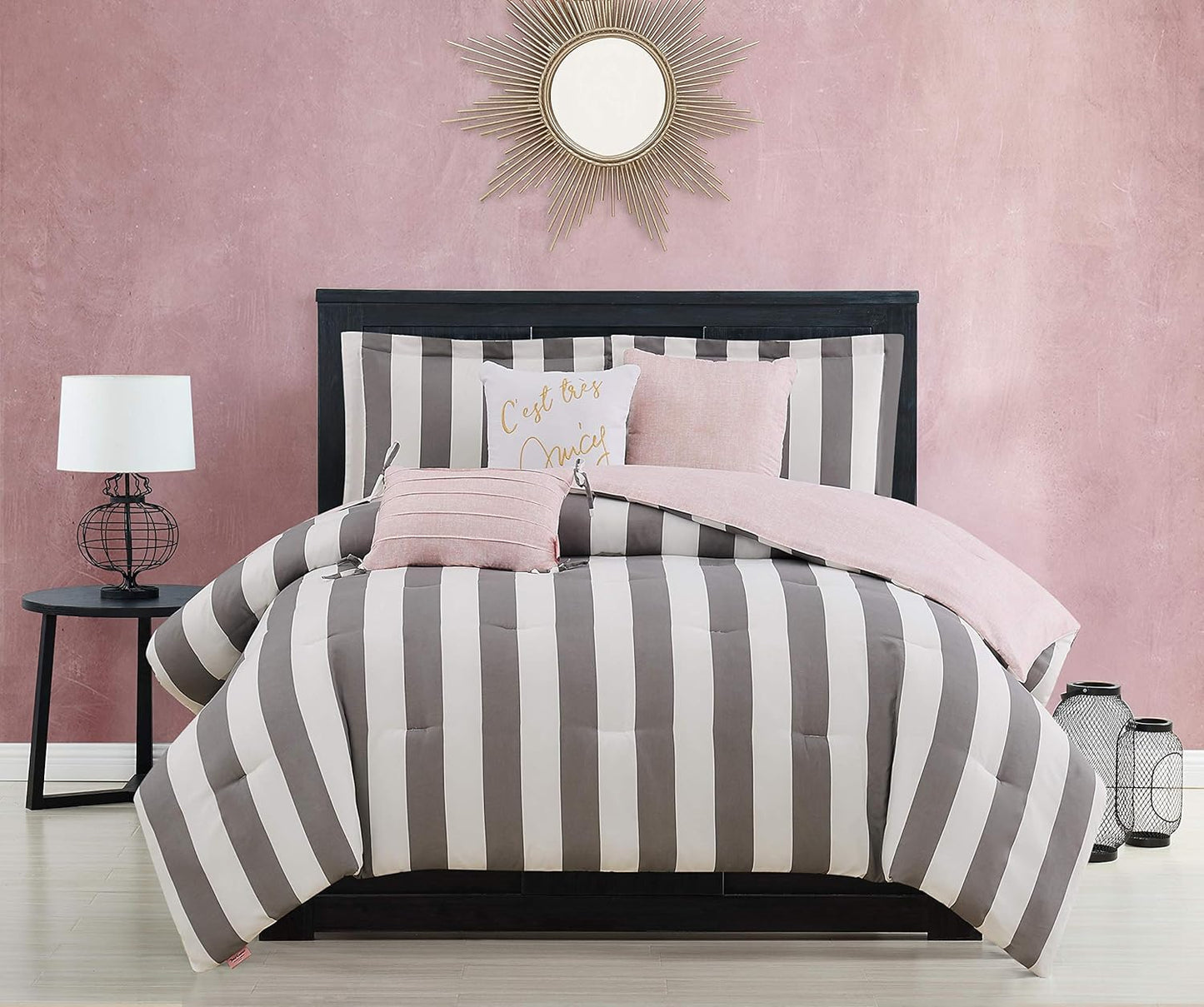 Juicy Couture Cabana Stripe Reversible Bedding Set - Queen/Full Size - Black and Hot Pink Stripe Print – 6 Piece Set – Includes 1 90" x 90" Comforter, 3 Decorative Pillows, 2 Shams