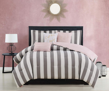 Juicy Couture Cabana Stripe Reversible Bedding Set - Queen/Full Size - Black and Hot Pink Stripe Print – 6 Piece Set – Includes 1 90" x 90" Comforter, 3 Decorative Pillows, 2 Shams