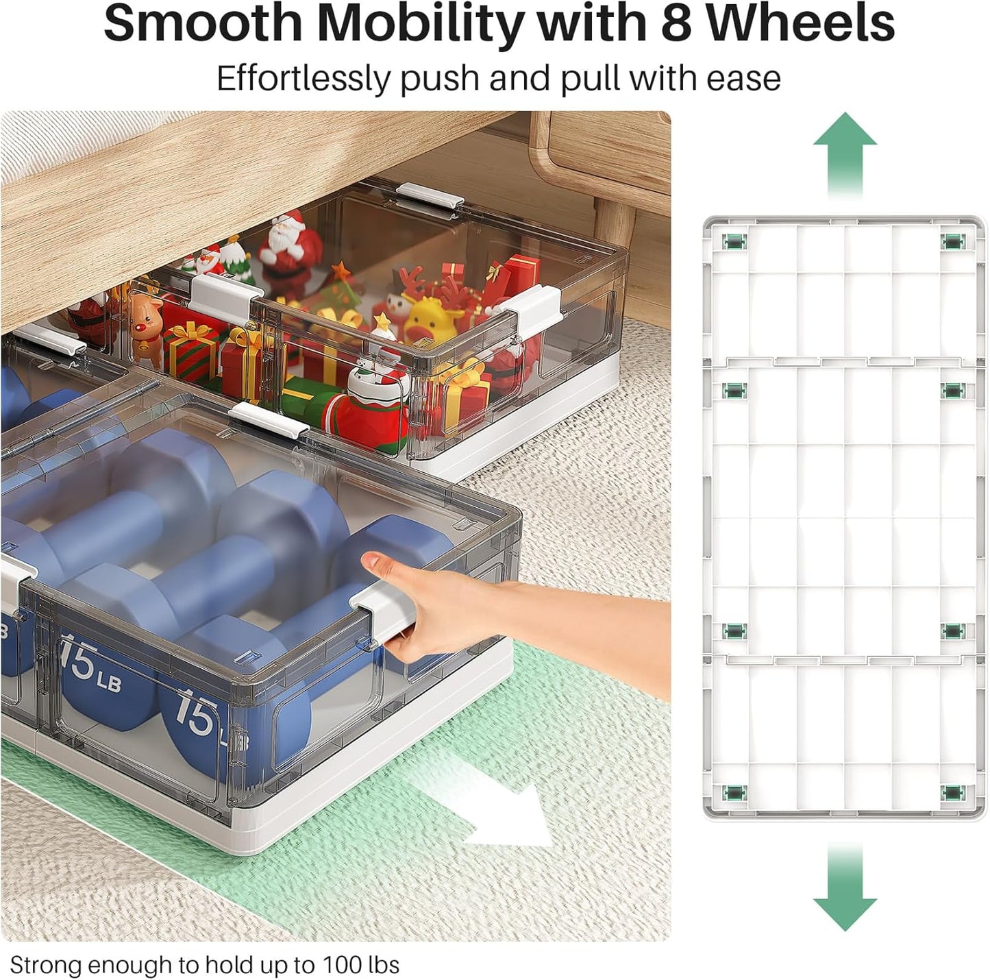 Kitstorack 2 Pack Plastic Under Bed Storage Bins with Lids and 8 Pre-installed Wheels,Rolling Low Rrofile Under bed Containers Box for Clothes Shoes, 37.8 Qt, Long, Clear, Flat, Large