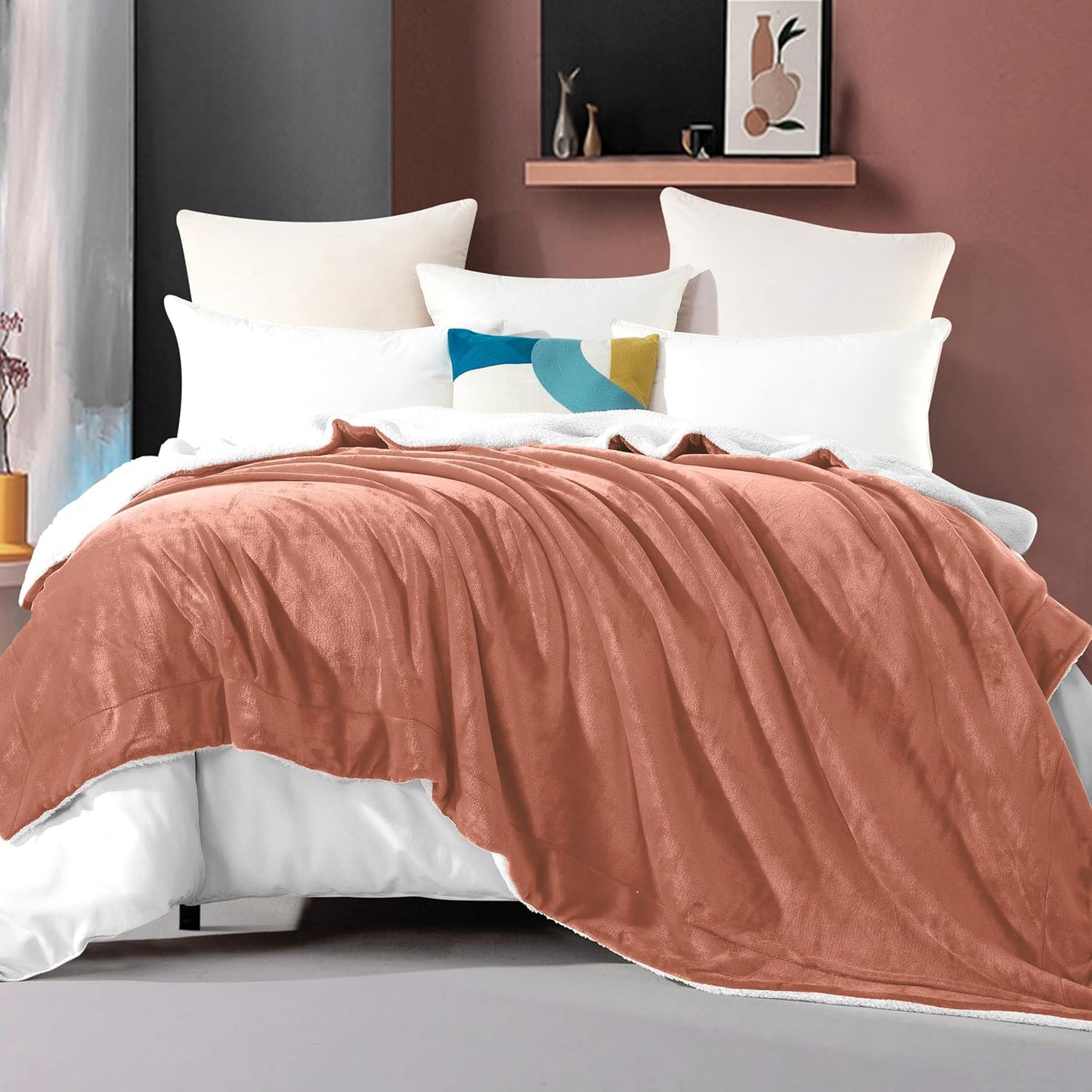 Elegant Comfort Ultra Soft Reversible Flannel Sherpa Blanket - Cozy Silky Fleece Throw for Couch, Bed - Plush Fuzzy Warm Winter Blanket for Gift, King, Coral