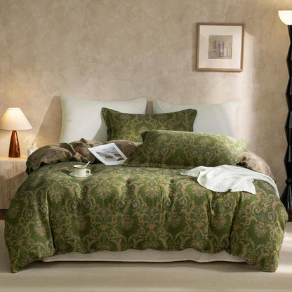 VM VOUGEMARKET Purple Green Duvet Cover Queen,3 Pieces Retro Boho Medallion Jacquard Flower Bedding Set,Linen Cotton Yarn-Dyed Textured Duvet Cover with Zipper Closure