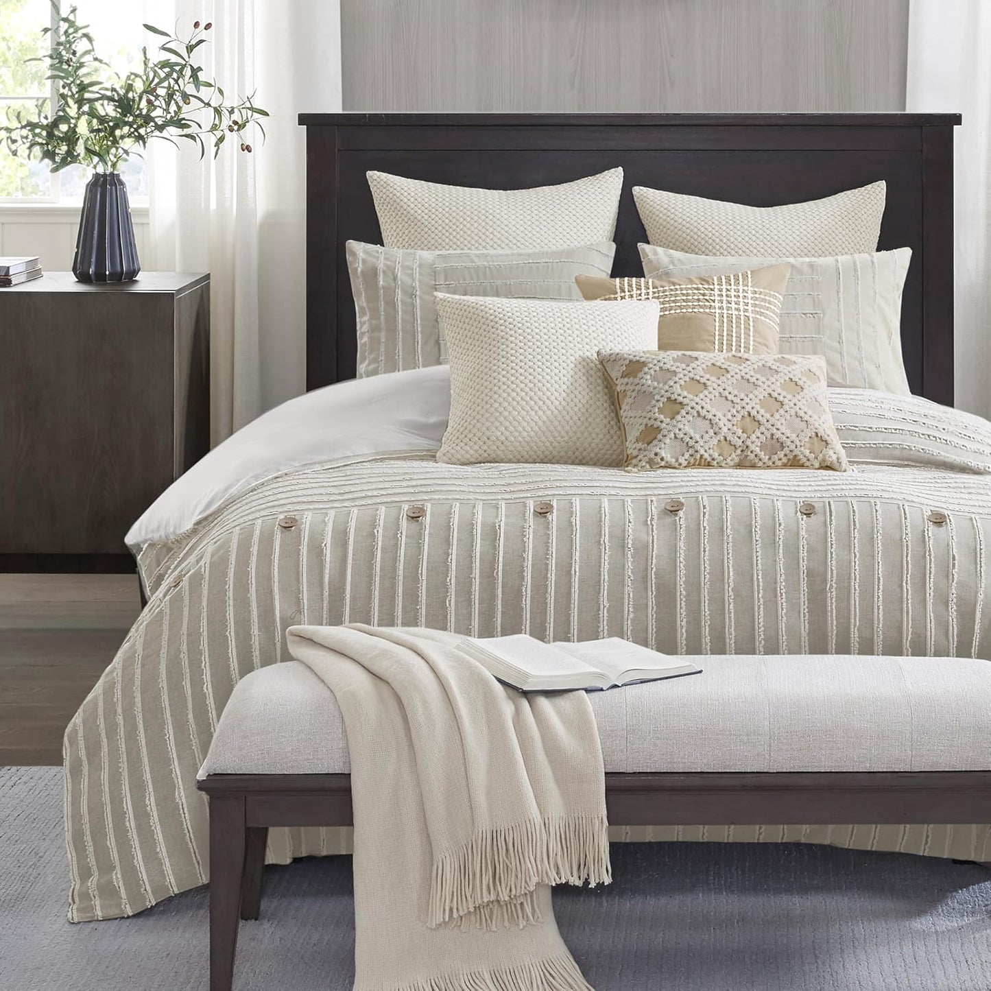 Madison Park King Comforter Set Clipped Jacquard Stripes with Buttons Boho Comforter for a King-Size Bed, Cotton Oversized Comforters with Removable Cover Boho Bedding, King Ivory 9 Piece