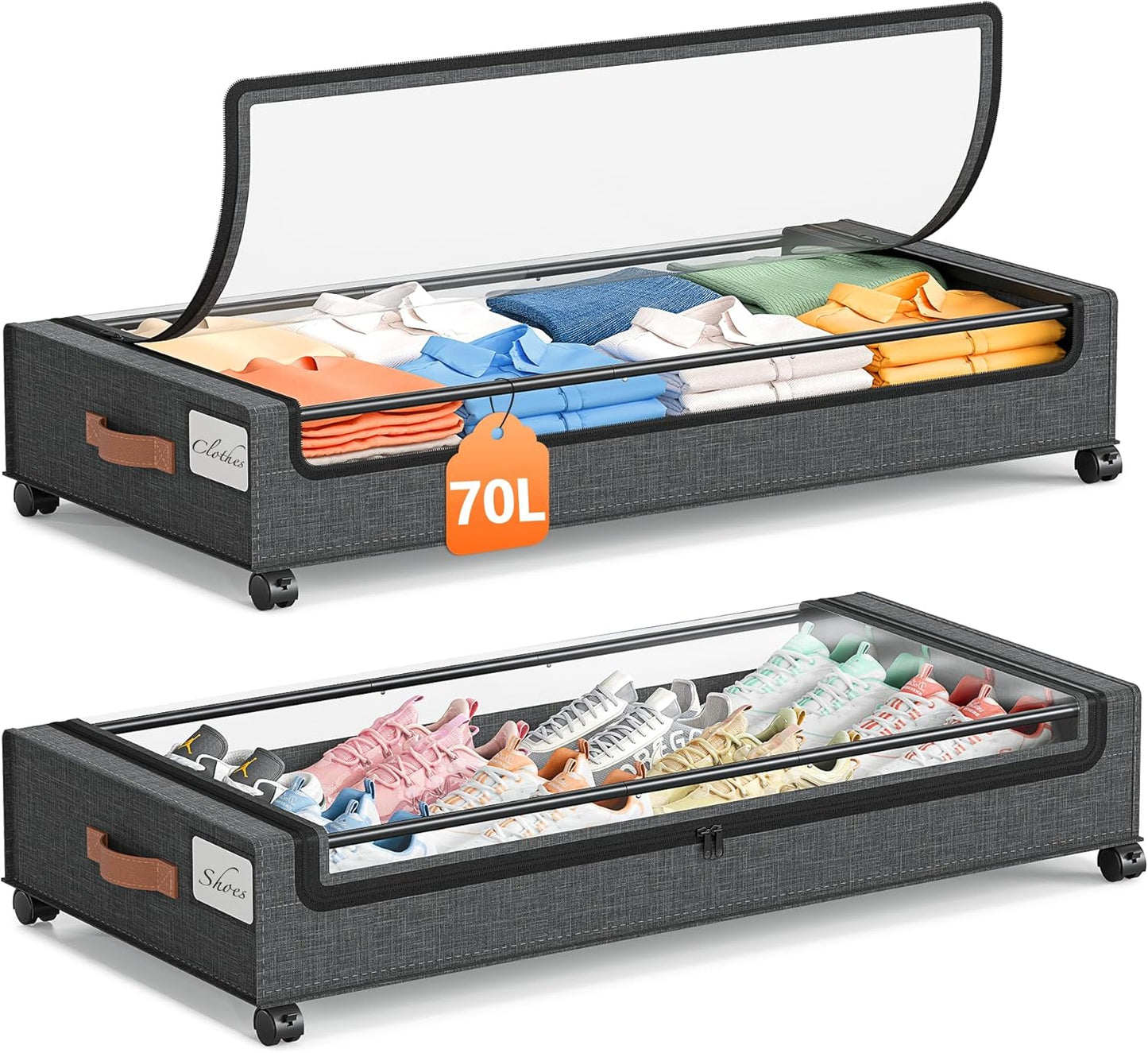 Yecaye Under Bed Storage with Wheels 2 Pack, 85L Extra Large Under Bed Storage Containers with Metal Frame & Clear Lid, Rolling Underbed Organizer Bins Drawers for Clothes, Shoes, Blankets, Hemp Grey