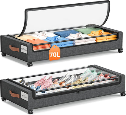 Yecaye Under Bed Storage with Wheels 2 Pack, 85L Extra Large Under Bed Storage Containers with Metal Frame & Clear Lid, Rolling Underbed Organizer Bins Drawers for Clothes, Shoes, Blankets, Hemp Grey