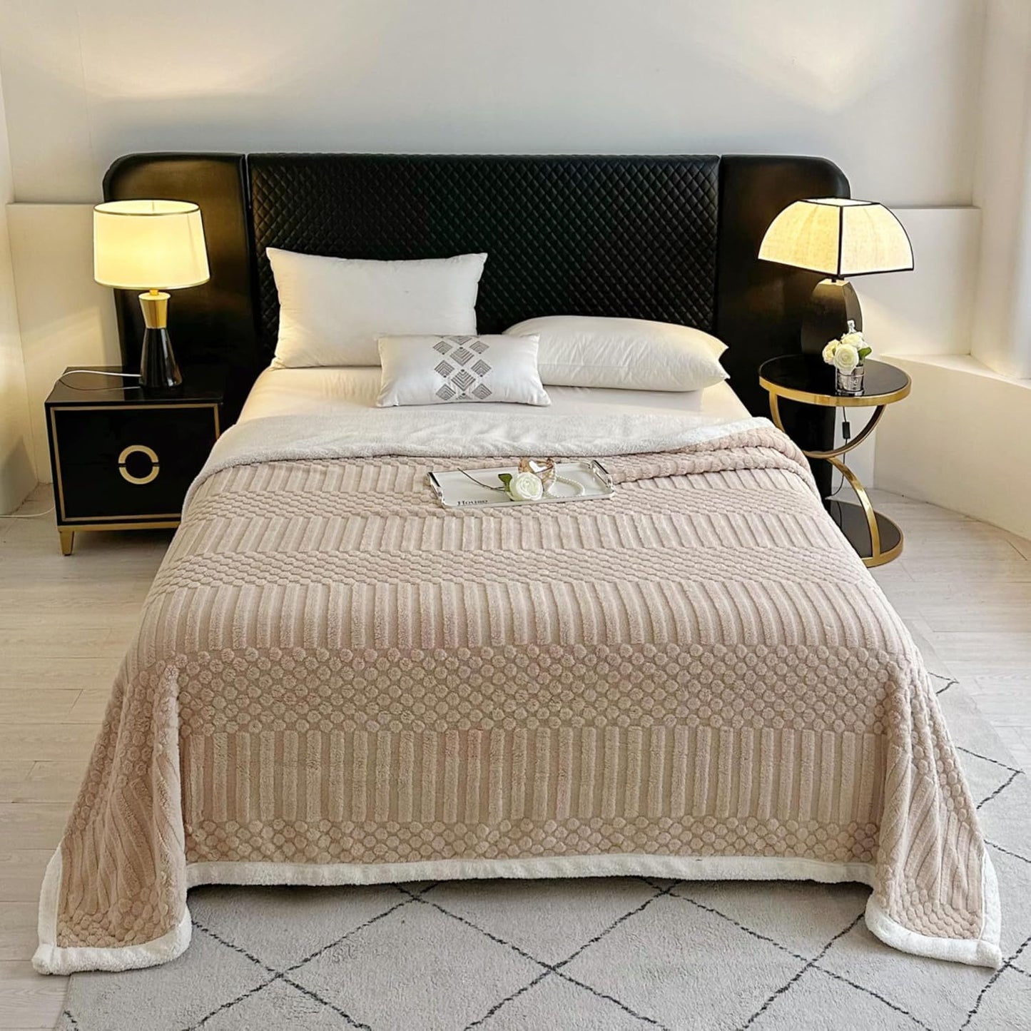 UKELER Sherpa Fleece Blanket 60 × 80 inch, Ultra Soft Twin Size Throw Blanket for All Season, Cozy Plush Floral Throw Blanket for Bed Couch Sofa Office Camping, Off-White